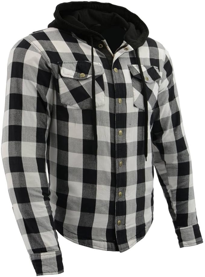 Men's Plaid Hooded Flannel Biker Shirt With Armor