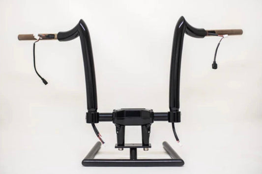 Black KST Spearhead pre-wired handlebars for the 2024-2026 Harley Road Glide, front view with the wiring harness ends showing