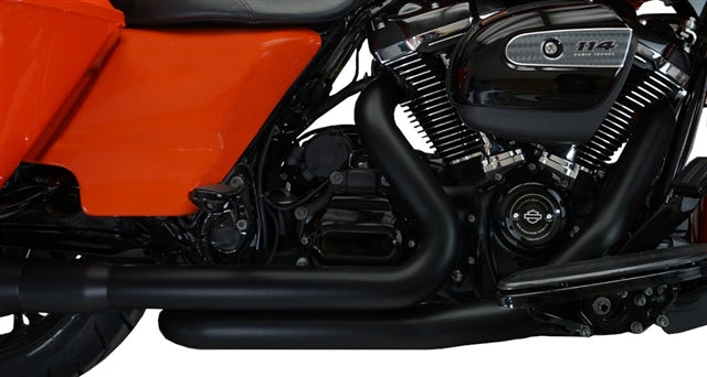 Black TAB Performance 2-into-2 Fully Shielded header with black heat shields installed on a 2017-up Milwaukee-Eight Harley-Davidson Touring bike (TAB Performance photo)