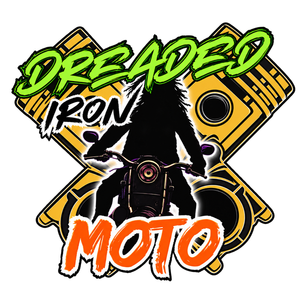 A stylized graphic logo featuring the words 'Dreaded Iron Moto' over a black motorcycle silhouette, with a yellow engine block background on a black field.