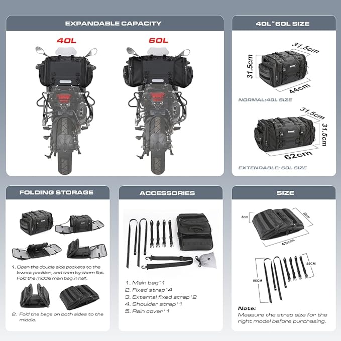 Dreaded Motorcycle Luggage Tail Bag 40-60L Waterproof With Sissy Bar Straps