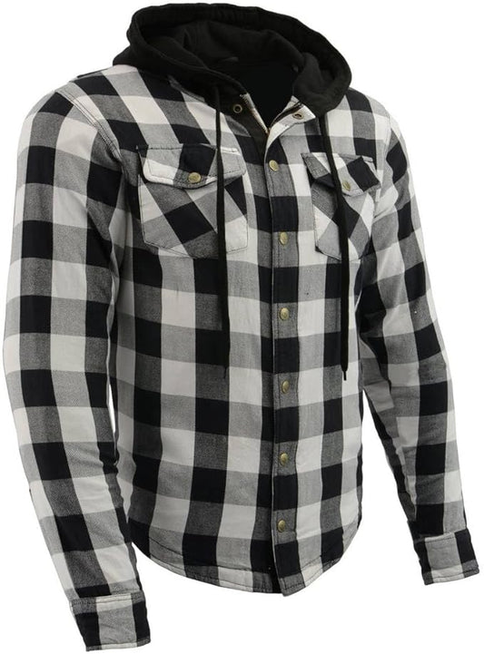 Men's Plaid Hooded Flannel Biker Shirt With Armor