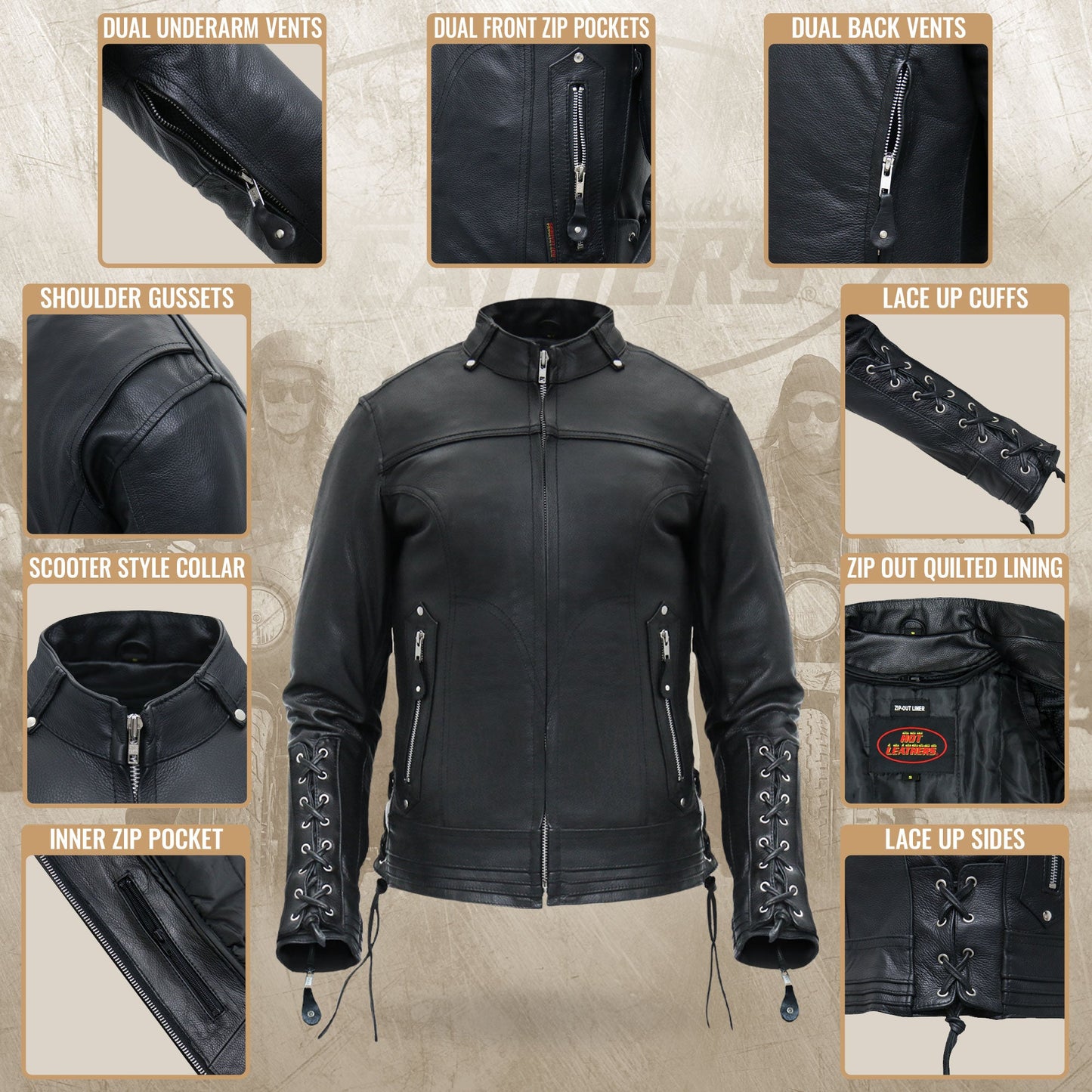 Hot Leathers Ladies Motorcycle style Lace Up Sleeves Leather Biker Jacket