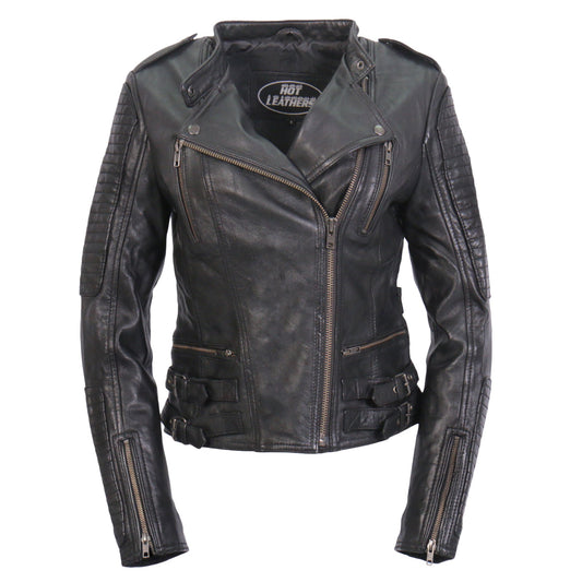 Hot Leathers Ladies Lightweight Motorcycle Black Leather Biker Jacket with Side Buckles