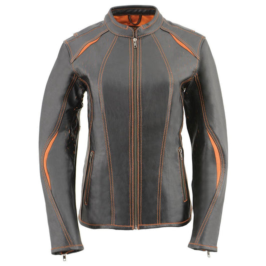 Milwaukee Leather Women's 'Laser Cut' Distressed Black and Orange Scuba Style Racer Jacket