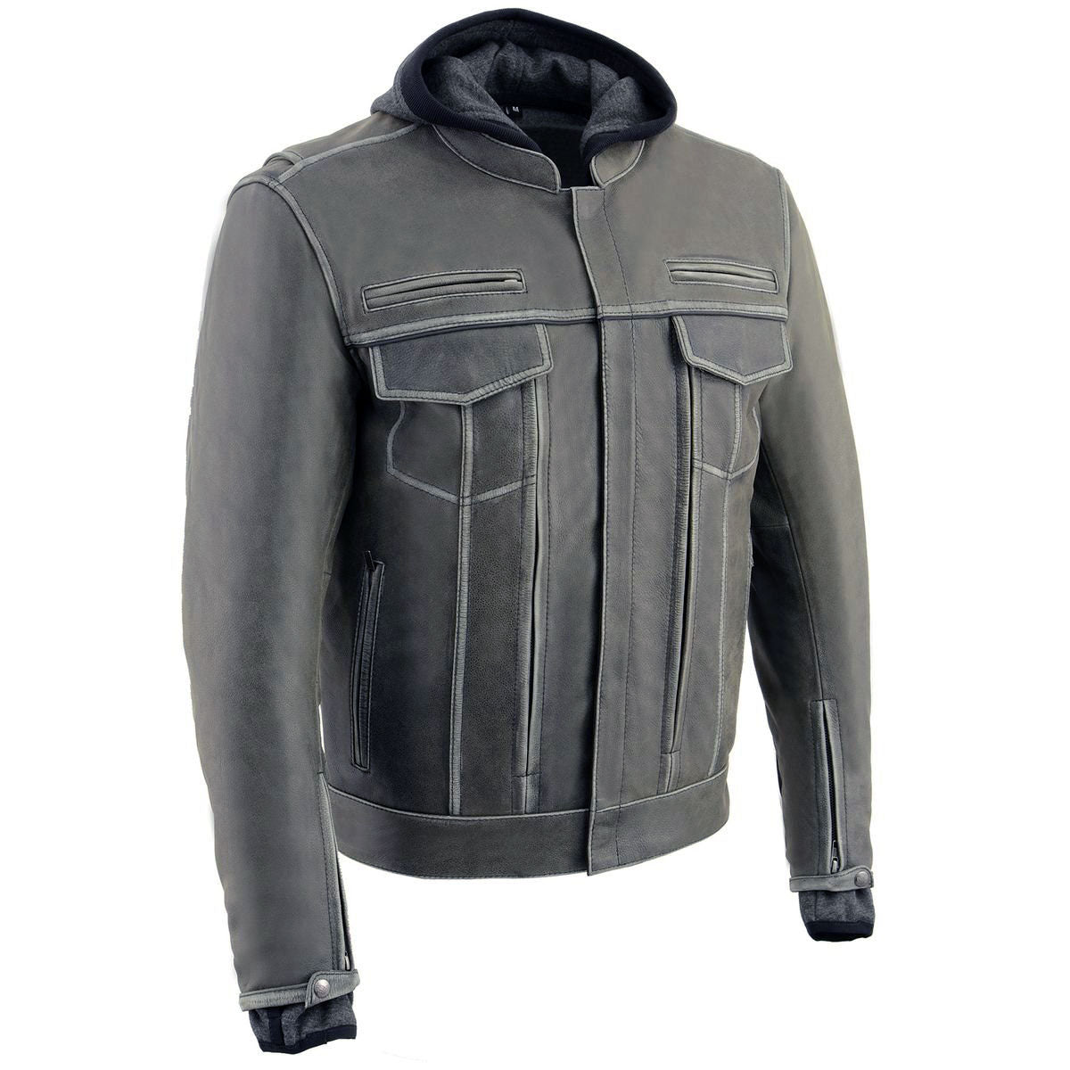 Milwaukee Leather Men's Distressed Grey Leather ‘Utility Pocket’ Vented Jacket with Removable Hoodie