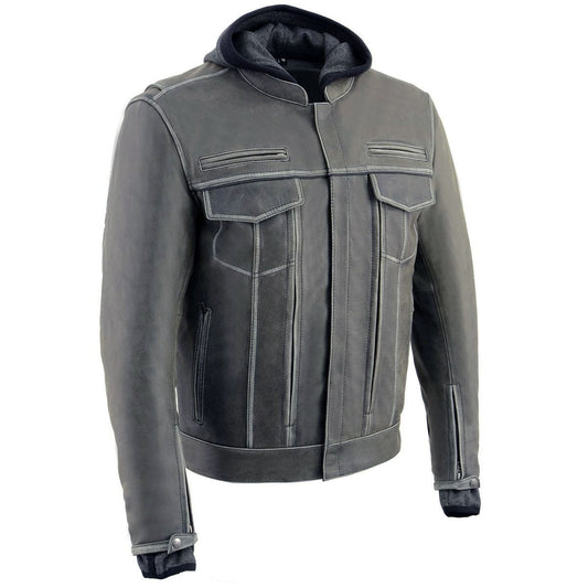 Milwaukee Leather Men's Distressed Grey Leather ‘Utility Pocket’ Vented Jacket with Removable Hoodie
