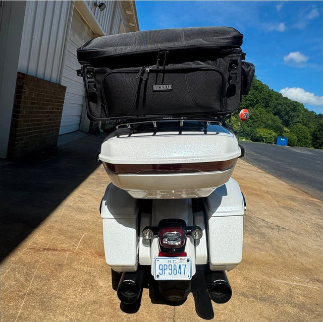 RickRak Roller Bag Combo Kit for Harley Tour Pak (2026-Up) – roller bag mounted on a white Harley Tour Pak