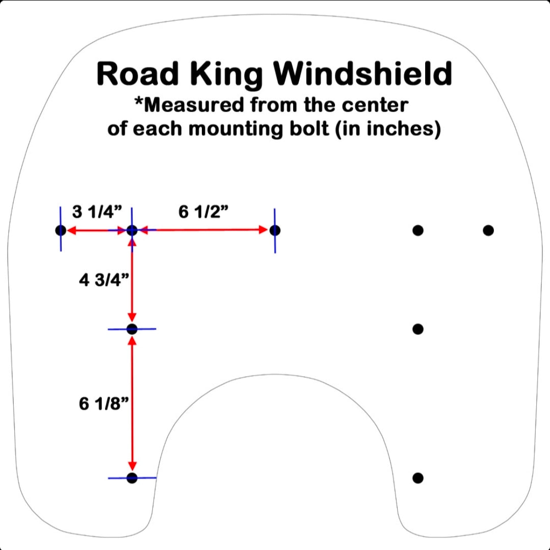 Measurement chart for Road King Windshield with distances from mounting bolts.