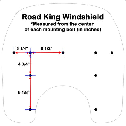 Measurement chart for Road King Windshield with distances from mounting bolts.