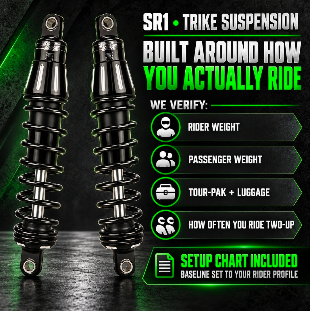 Super Shox Premium SR2 Rear Shocks (Harley-Davidson Road Glide (02'-Present)) – trike and touring setup graphic
