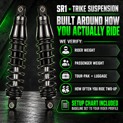 Super Shox Premium SR2 Rear Shocks (Harley-Davidson Road Glide (02'-Present)) – trike and touring setup graphic