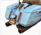 TAB 4.5" Torched Chrome BAM Stick Slip-Ons (Touring 2017+) – installed on a light blue Harley touring bike
