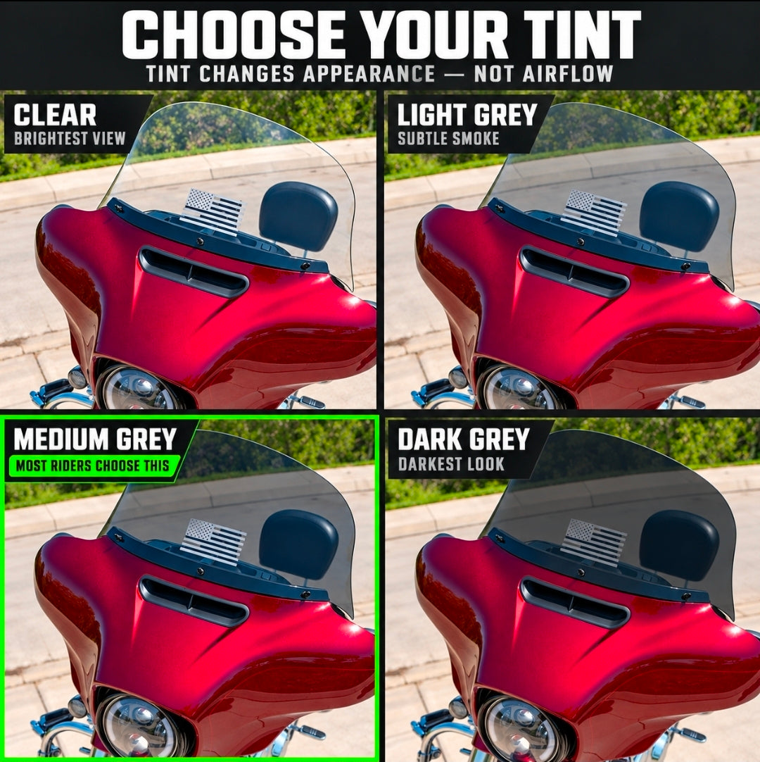 Freedom Shields Street Glide Touring Windshield 1986-2023 – tint options: clear, light grey, medium grey and dark grey