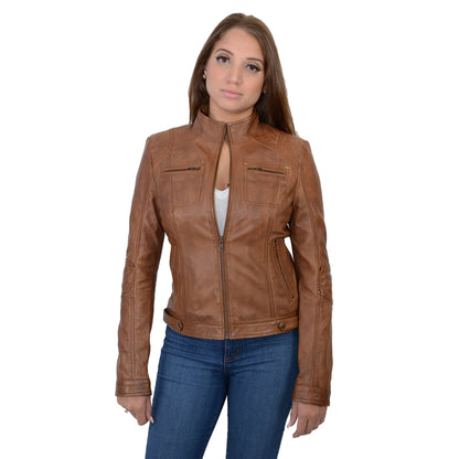 Milwaukee Leather  Women's Racer Whiskey Stand Up Collar Motorcycle Fashion Leather Jacket