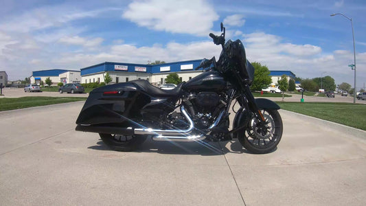 Chrome TAB Performance 2-into-2 Fully Shielded header with TAB chrome heat shields installed on a black Milwaukee-Eight Harley-Davidson Street Glide, right side view
